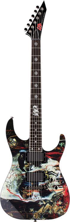 an electric guitar that has been painted with different colors and designs on it's body