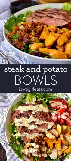 steak and potato bowls with dressing on the side