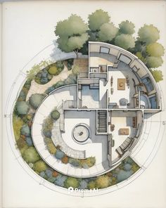 an architectural drawing of a circular house