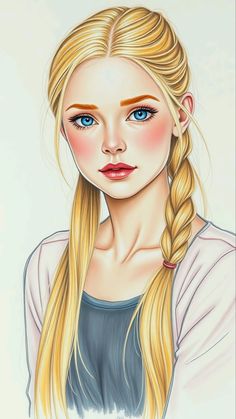 a drawing of a woman with long blonde hair and blue eyes, wearing a braid