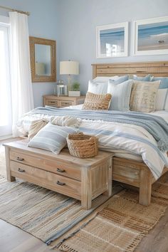 a large bed sitting on top of a wooden floor next to a dresser and mirror