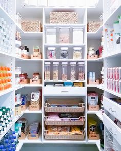 an organized pantry filled with lots of food