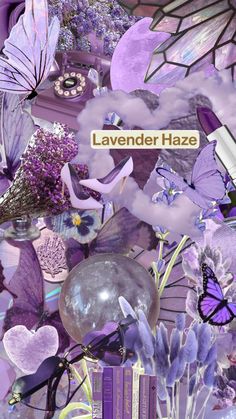 a collage of purple flowers and butterflies with the word lavender haze on it's side