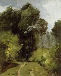 a painting of a person walking down a path in the woods