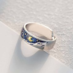 2Pcs S925 Silver Plated Gogh Blue Starry Sky Open Lover Rings Band Love Forever Ring Set Romantic Lover Fashion, Hot Necklaces, Romantic Men, Glitter Ring, Starry Night Painting, Sky Design, Starry Night Van Gogh, Couple Jewelry, Large Ring