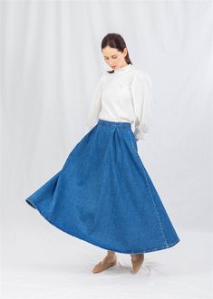 ◆ EXPRESS shipping worldwide - wear your beautiful piece within a few days! ◆ Please Provide your Mobile Number in the note to seller so the courier can get in touch with you. Thank you! ◆ Circle skirt ◆ Soft touch ◆ Pleated ◆ Indigo color ◆ Has pockets, zipper ◆ 100% cotton ◆ Medium wash SIZING The item comes in US Women's sizes 4-6-8-10. Our model is 5' 8.5'' (175 cm) and is wearing size 4. The skirt length to the hem is 3' 1'' (95 cm). FABRICS & CARE * Fabric: 100% cotton. * Care: Turn in Modest Women, Indigo Color, Skirt Medium, Full Length Skirts, Indigo Colour, Denim Maxi, Vintage Rock, Skirt With Pockets, Pretty Stuff