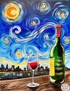 a painting of a wine glass and bottle on a table with the night sky in the background