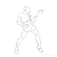 a drawing of a man playing an electric guitar with his right hand on the neck