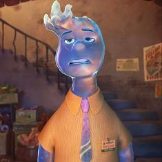 an animated man with a tie on standing in front of stairs