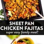 an advertisement for chicken fajitas is shown in three different languages, including the title sheet pan chicken fajits super easy family meal