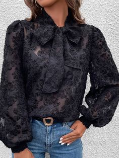 🚚FREE Shipping on orders over $100 ✨ use Code: "Mylook" for Extra Discount at checkout ﻿- 📏Sizing: run a little small 📏 MsDressly® Exclusive! Keep cute and classic in MsDressly® Long Sleeve Button Blouse! Soft, lightweight polyester fabric creates a bow neckline and long sleeves. The loose bodice is made of cut out jacquard. Pair it with jeans and suits to create a casual and fashionable weekday look! Gender: Women Type: Tops Feature: Hollow Material: 100% Polyester Care: Hand Wash Cold. Do Not Bleach. Line Dry. Iron Low Heat Style: Casual/Fashion Color: Black Size: S, M, L Please Note: All Dimensions Are Measured Manually With A Deviation Of 1 To 3cm. Pleated Chiffon Blouse, Pattern Outfits, Jacquard Shirt, Classic Blouses, Black Lace Blouse, Bow Shirts, Button Blouse, Bow Blouse, Fashion Color