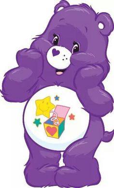 a purple teddy bear holding a white plate with stars on it's chest and smiling at the camera