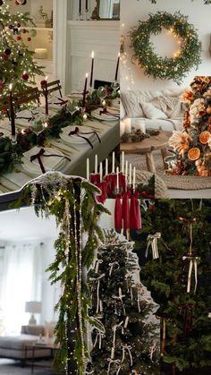 christmas decorations and candles are on display in this collage