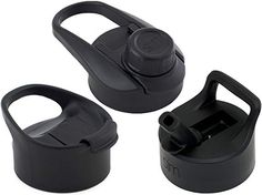 three black plastic containers with lids and handles