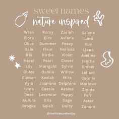 the names and numbers for sweet names that are in white on a brown background with stars