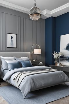 Get inspired by elegant Grey and Blue Bedroom Ideas for your Home. Discover the best Home Décor trends and Bedroom Inspirations for a stylish and cozy space. Perfect for modern Bedroom Ideas! Blue Panelling Bedroom Ideas, Blue Bedroom Panelling Ideas, Blue Panelling Wallpaper Bedroom, Grey And Blue Bedroom Ideas, Blue And Gray Bedroom, Men’s Bedroom Ideas Blue, Grey And Blue Bedroom, Dulux Sapphire Salute Bedrooms, Interior Japanese Style