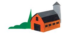 a drawing of a barn with a chimney and grass on the ground next to it