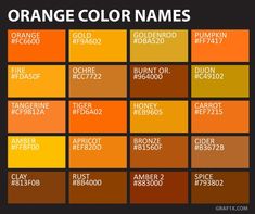 chart of 20 shades of orange with names, hex codes and rgb values listed. Birth Colors, Color Mixing Chart, Color Meanings, Rustic Colors