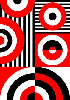 an abstract pattern with circles and stripes in black, white, red and grey colors