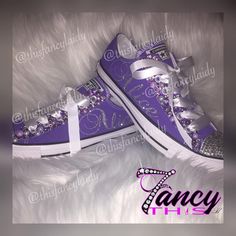 Colored converse (this pair is purple) with clear rhinestone embellishments, purple rhinestone embellishments, lavender, purple, and white pearls.  Names can be switched for dates or other word choices Satin white ribbon shoelaces  Glitter vinyl name on sides of each sneaker.  Please keep in mind some Converse colors are seasonal please inquire about your color choice before ordering.  Etsy Fit: Converse run 1/2 a size bigger. I recommend ordering your true size. Converse are not available in ha Purple Quince Shoes Sneakers, Purple Theme Shoes, Purple Rhinestone Wedding Heels, Purple Lace-up Sneakers With Studded Outsoles, Purple Bedazzled Converse, Colored Converse, Bedazzled Converse, Lavender Shoes, Converse Run