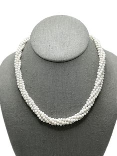 Vintage White Glass Bead Choker Necklace Multi Strand Twist Statement 17"