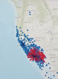 a map with red and blue triangles on it