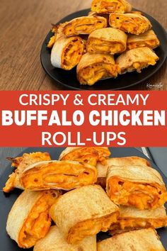 crispy and creamy buffalo chicken roll - ups on a black plate with text overlay