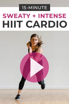 a woman is doing an exercise with the words sweaty and intense hit cardio