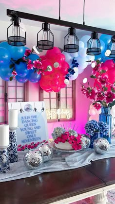 #dancingqueen #seventeen #17th #birthday #birthdaydecor #abba #disco #greece #santorini #balloons #balloondecoration #pink #blue #hydrangea #flowers #birthdaydinner #cake #cakedecoratingdesigns #letsparty Mama Mia Dancing Queen Birthday, Disco Mamma Mia Party, Mamma Mia Balloon Arch, Mama Mia Decor, Mamma Mia Prom Theme, Mama Mia Dance, Mamma Mia Backdrop, Mama Mia Pool Party