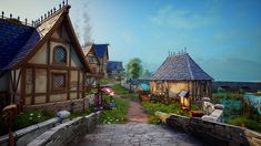 an animated village with lots of small houses and cobblestone walkways that lead to the water