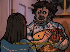 an animated image of a man eating food with a woman standing next to him and the caption reads, i named my chicken after you thanks