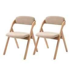 two wooden chairs sitting side by side on a white background