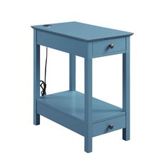 a blue end table with two drawers on one side and an electrical outlet at the top