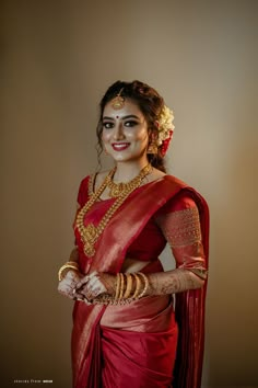 Bridal Saree Inspo; Sassy Trends to Catch Up on Red Saree Wedding, South Indian Wedding Hairstyles, South Indian Wedding Saree, South Indian Bride Saree, Indian Bride Poses, Red Sari, Indian Bride Makeup, Kerala Bride, Bridal Sarees South Indian