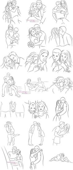 some drawings of people hugging each other in different positions and sizes, with one person holding the