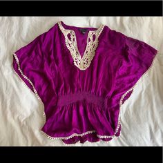 Boho Style Purple Pink Tunic Shirt With Cinched Waist, Beautiful Lace Detailing. 100% Polyester. Size L. Never Worn. Purple V-neck Beach Top, Purple V-neck Top For Vacation, Purple Summer Blouse For The Beach, Summer V-neck Purple Tops, Summer Purple V-neck Top, Purple Summer Beach Blouse, Purple Short Sleeve Beach Blouse, Purple Short Sleeve Blouse For Beach, Purple Short Sleeve Blouse For Vacation