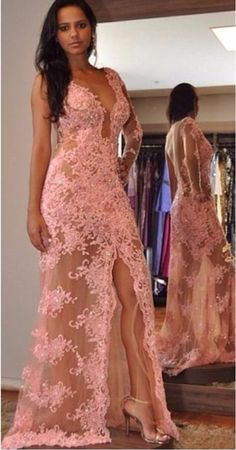 Long Illusion Lace Evening Dresses Side High Split Pink Lace Prom Dress, Dresses With Split, Lace Evening Gowns, Prom Dresses 2017, Lace Evening Dresses, Prom Gowns, Prom Dresses Lace, Evening Party Dress