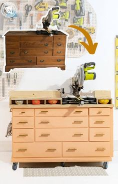 a dresser with drawers and tools on it