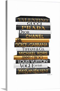 a stack of books with the names of different authors on them in gold and black