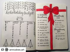 an open notebook with christmas tree and holiday budget list on it, next to a red ribbon