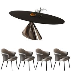 six chairs and a table in the shape of an upside down cone with flowers on top