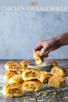 Chicken sausage rolls scattered on a table with a hand in the background dipping a sausage roll into sauce. Chicken Appetizers Easy, Chicken Sausage Rolls, Gai Yang, Sausage Roll Recipe, Puff Pastry Chicken, Homemade Puff Pastry, Savoury Tarts