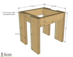 a wooden table with measurements for the legs