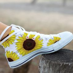 Super cool and comfortable sunflower shoes with a unique design! Our custom made shoes are sure to attrack some attention! All of our sneakers are custom-made-to-order and handcrafted to the highest quality standards Check out more of our footwear here: https://www.etsy.com/shop/unicornshoesshop/ Product Name: Sunflower Shoes, Sunflower Sneakers , Sunflower Women Shoes, Sunflower Pattern, Custom High Top Sneakers For Women & Men Product Features; ▶ Full canvas double sided print with rounded Sunflower Shoes, High Tops Sneakers, Tennis Shoes Outfit, Painted Sneakers, Custom Made Shoes, Rose Shoes, Converse Style, White High Tops, Popular Shoes