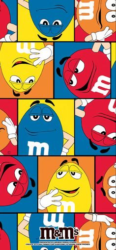 an advertisement for m & m's is shown in many different colors and sizes