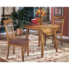 a dining room table with two chairs and a potted plant on the rug in front of it