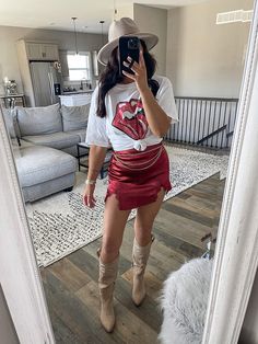 Shop our Influencers' top picks on Amazon Gold Chain Belt Outfit, Casual Satin Skirt, Nashville Concert Outfit, Red Satin Skirt Outfit, Satin Mini Skirt Outfit, Mini Skirt Outfit Casual, Chain Belt Outfit, Red Satin Skirt, Red Cowboy Boots Outfit