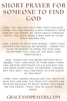 a prayer card with the words, short prayer for someone to find god on it