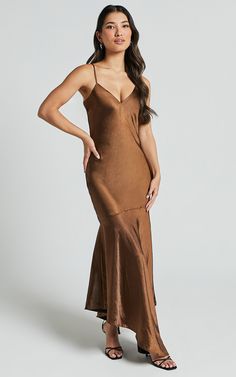 Etienne Midi Dress - Asymmetric Hem Satin Slip Dress in Chocolate Dress Engagement, Basic Black Dress, Neon Outfits, Bachelorette Dress, Spring Maxi Dress, Feel Empowered, Navy Bridesmaid Dresses, Brown Satin, Long Sleeve Knit Dress