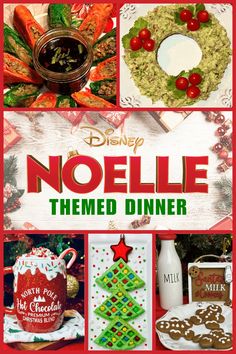 the cover of noellle themed dinner, with pictures of christmas decorations and other items